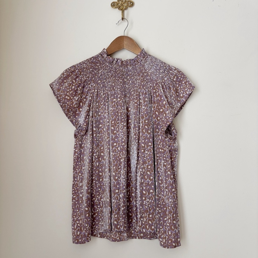 Moodie Iridescent Animal Print Smocked Blouse Medium